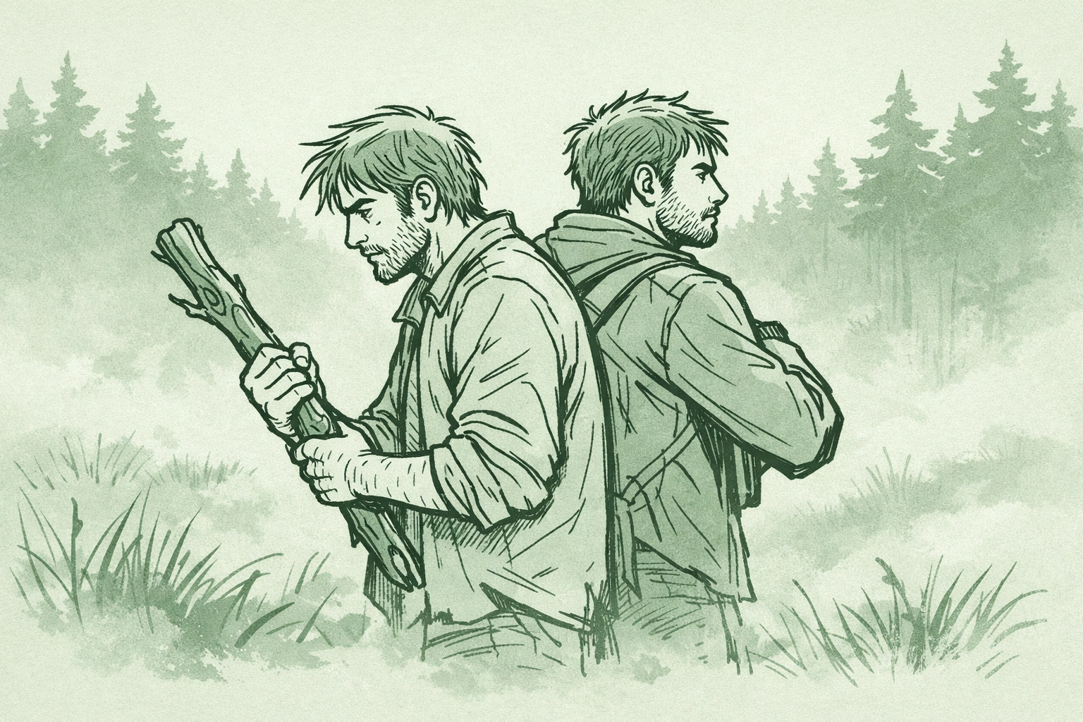 Male couple stands back-to-back in forest clearing, united against cult threat at dawn