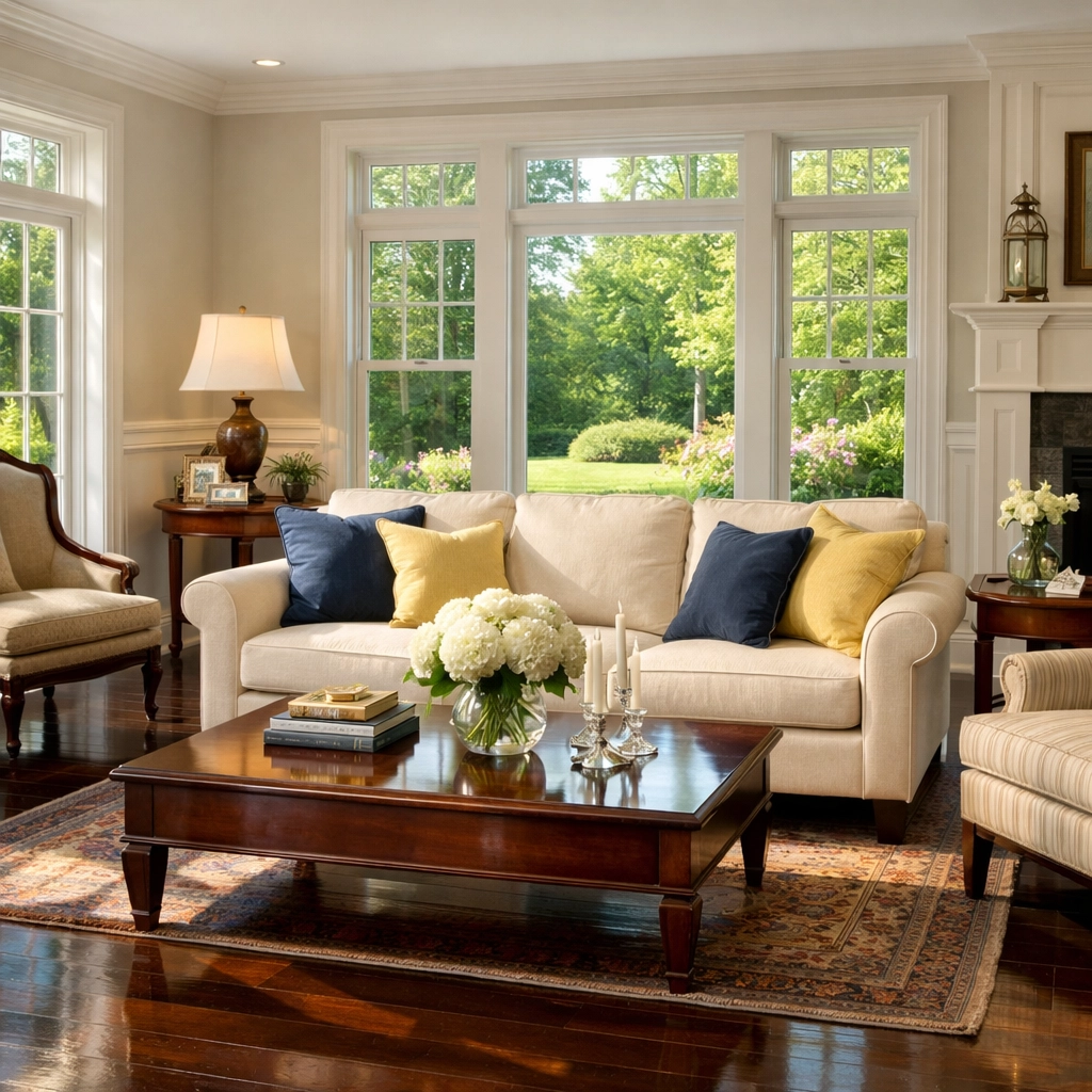 Impeccably clean colonial living room in Bolton, MA with polished hardwood floors and dust-free surfaces.