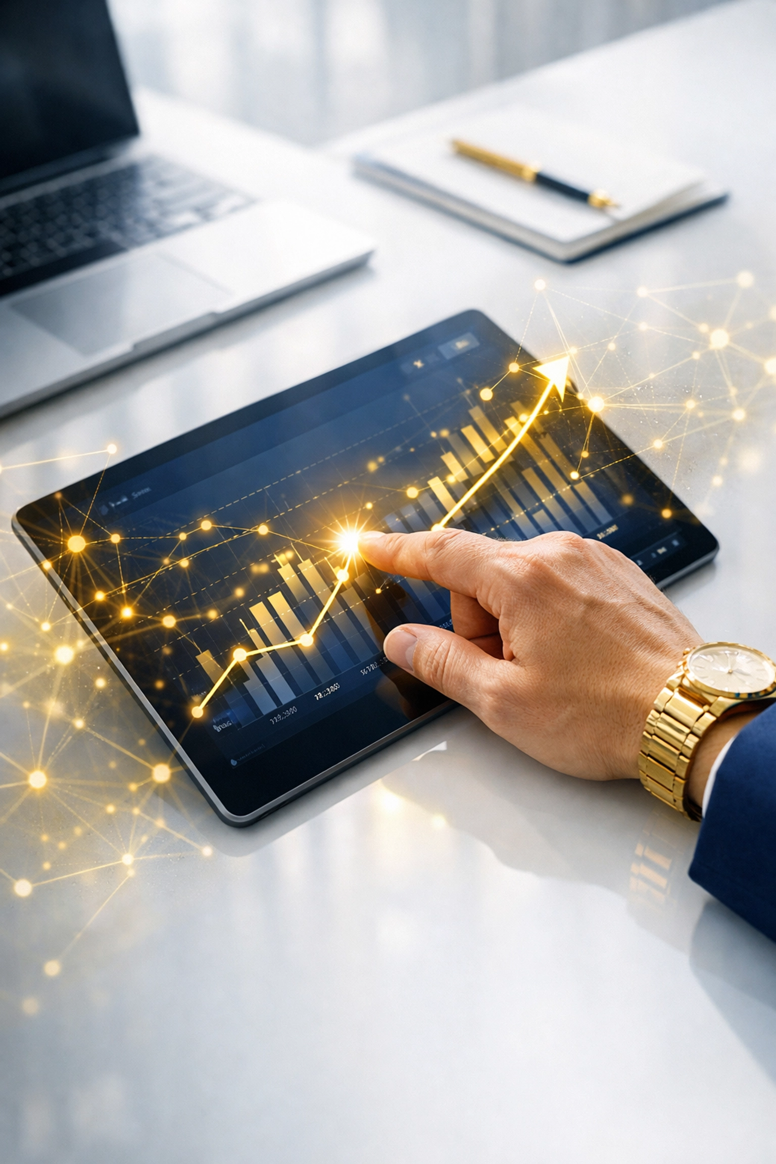 Human hand interacting with financial software representing the hybrid approach of AI and professional bookkeeping.