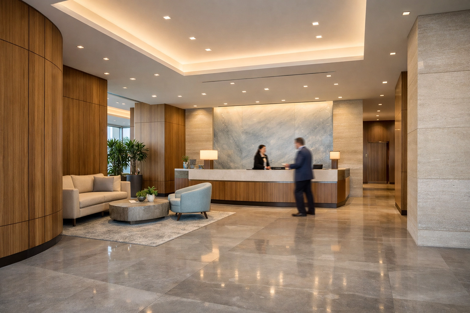 High-end commercial lobby showcasing luxury finishes and craftsmanship from a South Florida construction company.