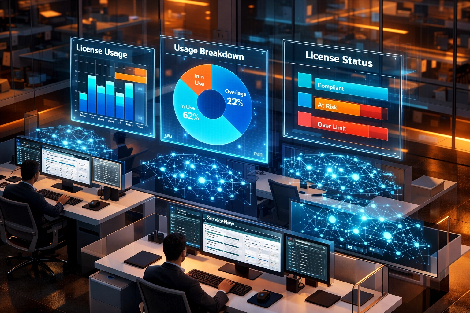 ServiceNow ITAM operations center showing AI-powered license optimization and real-time usage analytics