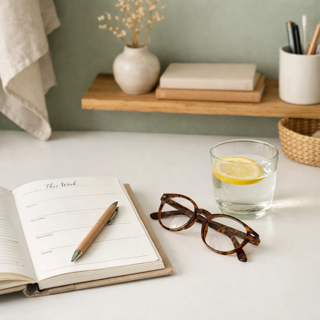 Faith based planner on a clean desk with glasses, representing a calm and organized daily routine.
