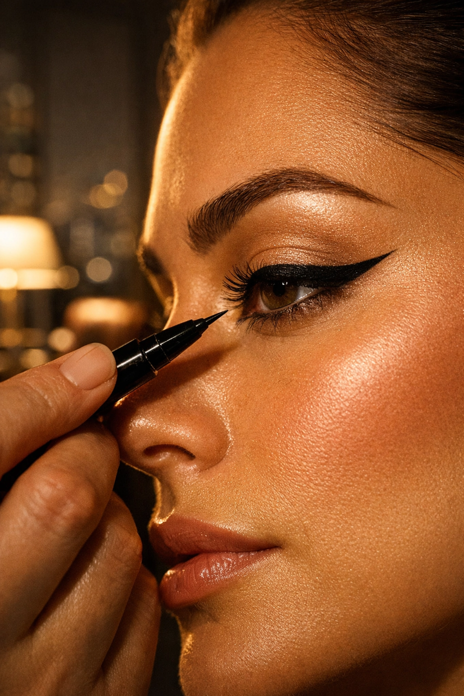 Applying winged eyeliner for evening makeup transition from boardroom to black tie