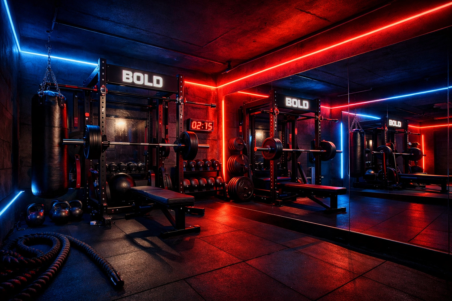 Professional CrossFit home gym setup with high-energy LED lighting and a space-saving workout rail system.