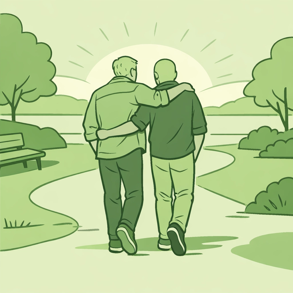 Mature gay couple walking together, symbolizing hope and community for those starting their second act later in life.