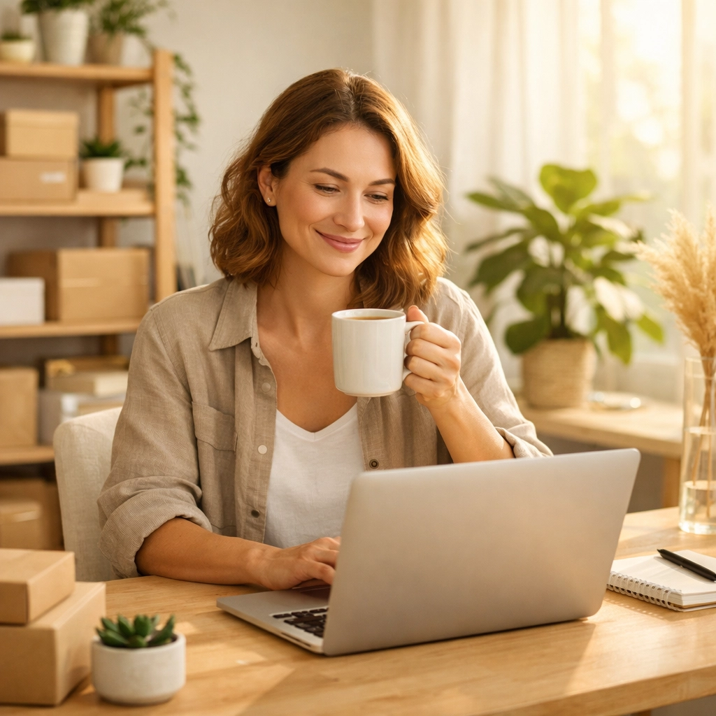 Happy e-commerce business owner enjoying simplified logistics and peace of mind at work.