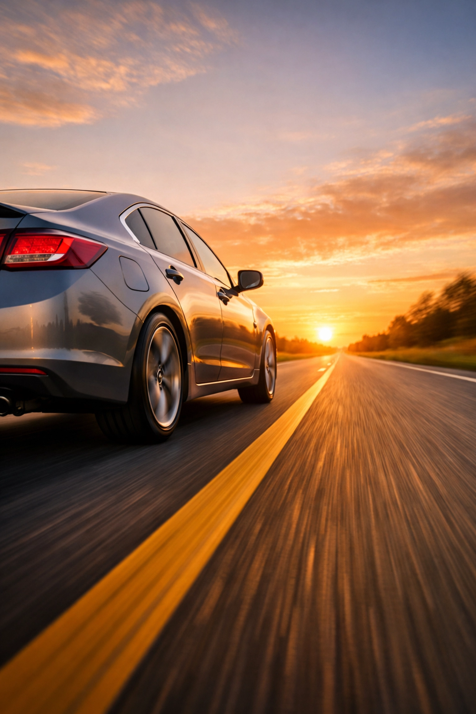 A safe and properly aligned car driving smoothly on a straight road after professional service.