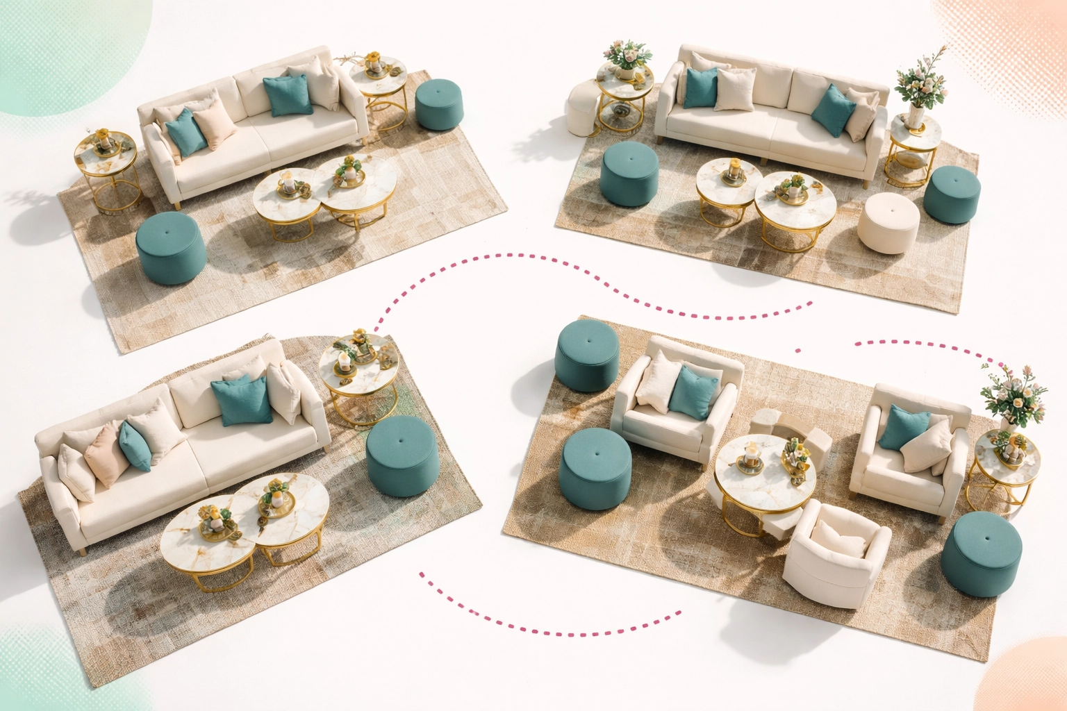 Aerial view of event lounge layout with cream sofas and ottomans arranged in conversation clusters over layered rugs