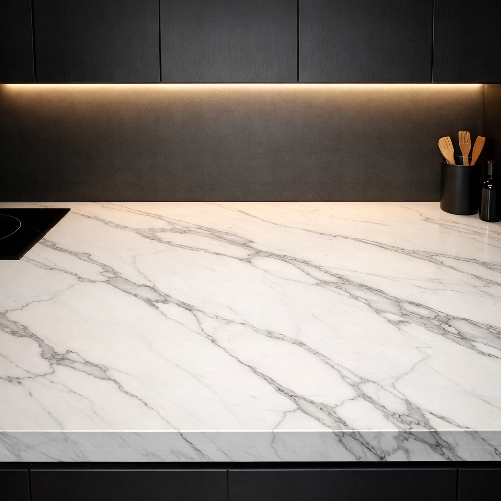 Professional under cabinet lighting providing even illumination on a white marble kitchen countertop.