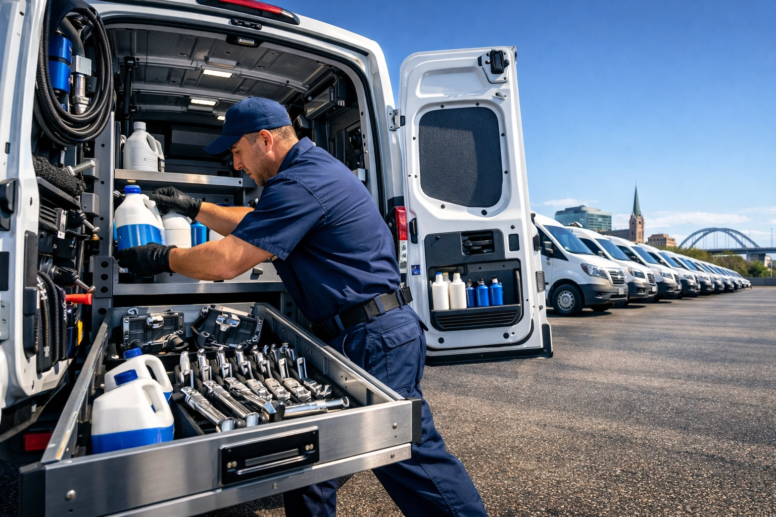 Fleet of professional mobile mechanic vans providing on-site auto repair services across Green Bay.