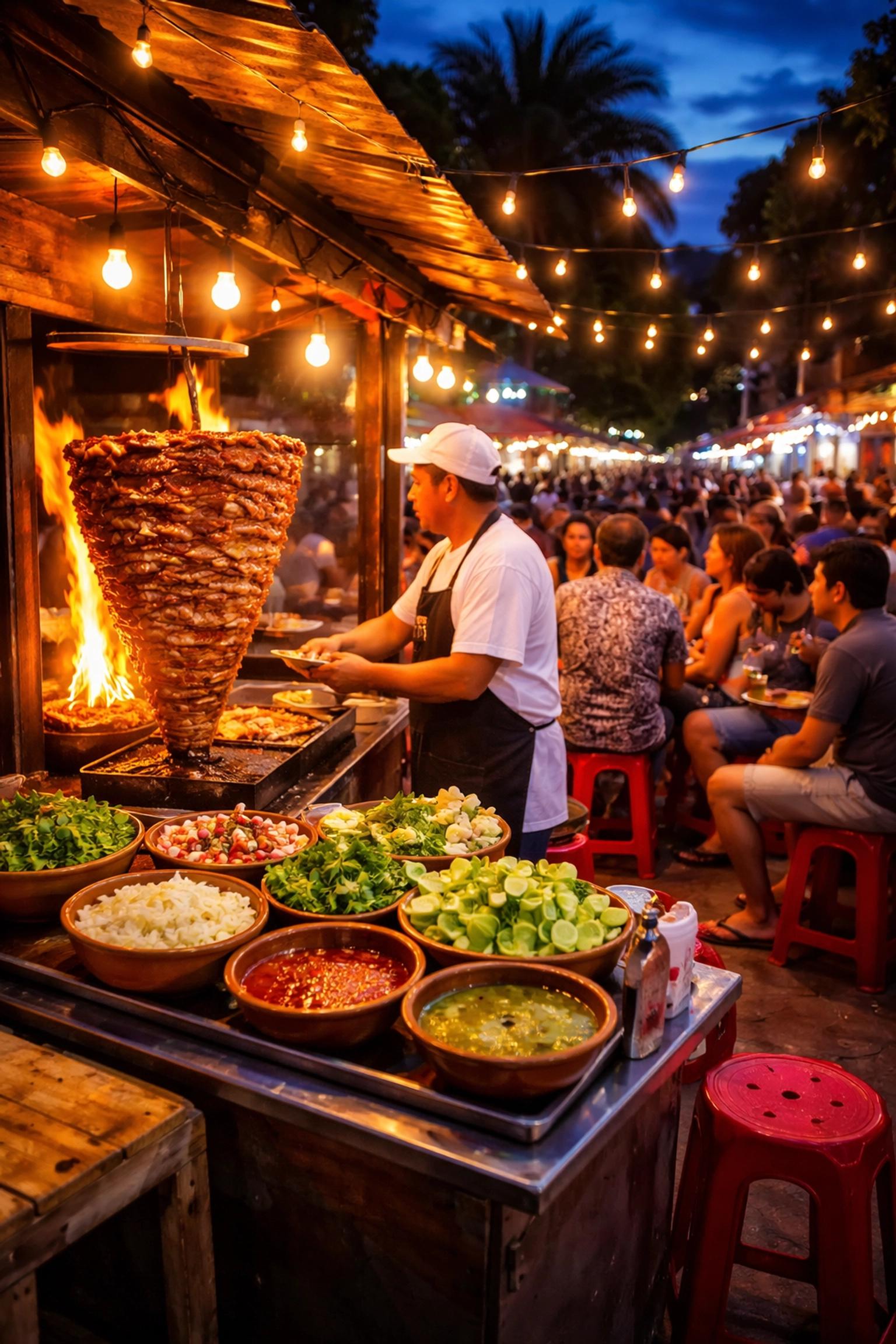 Street view of a local taco stand in Zona Romántica, Puerto Vallarta, with a vendor serving authentic al pastor tacos to locals and visitors.