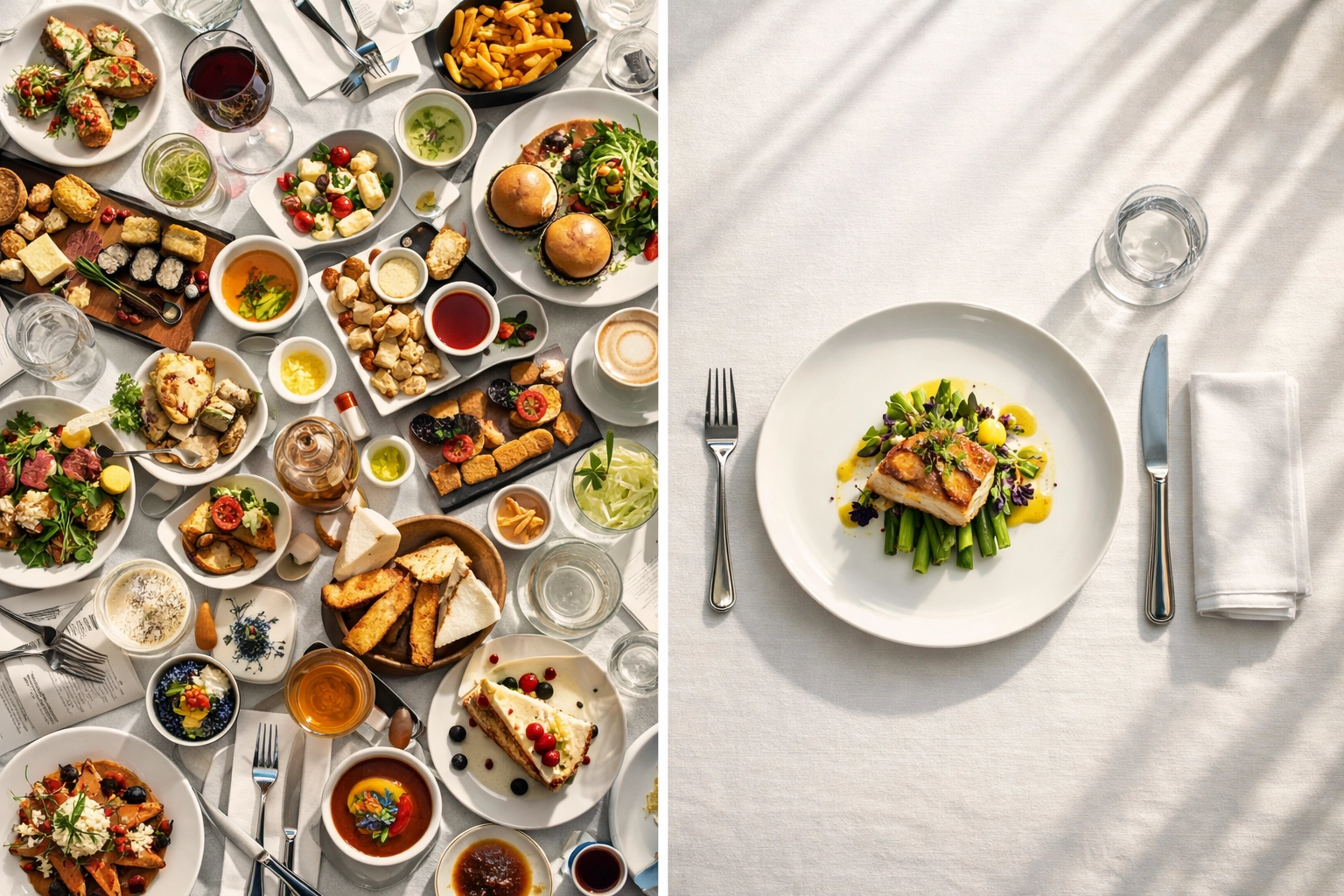 Table setting comparison showing menu simplification: cluttered plates versus one elegant dish
