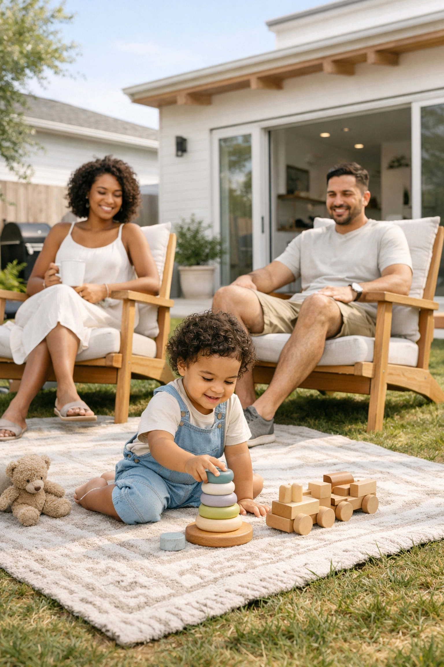 A family enjoying a private backyard at Piney Woods manufactured home community.