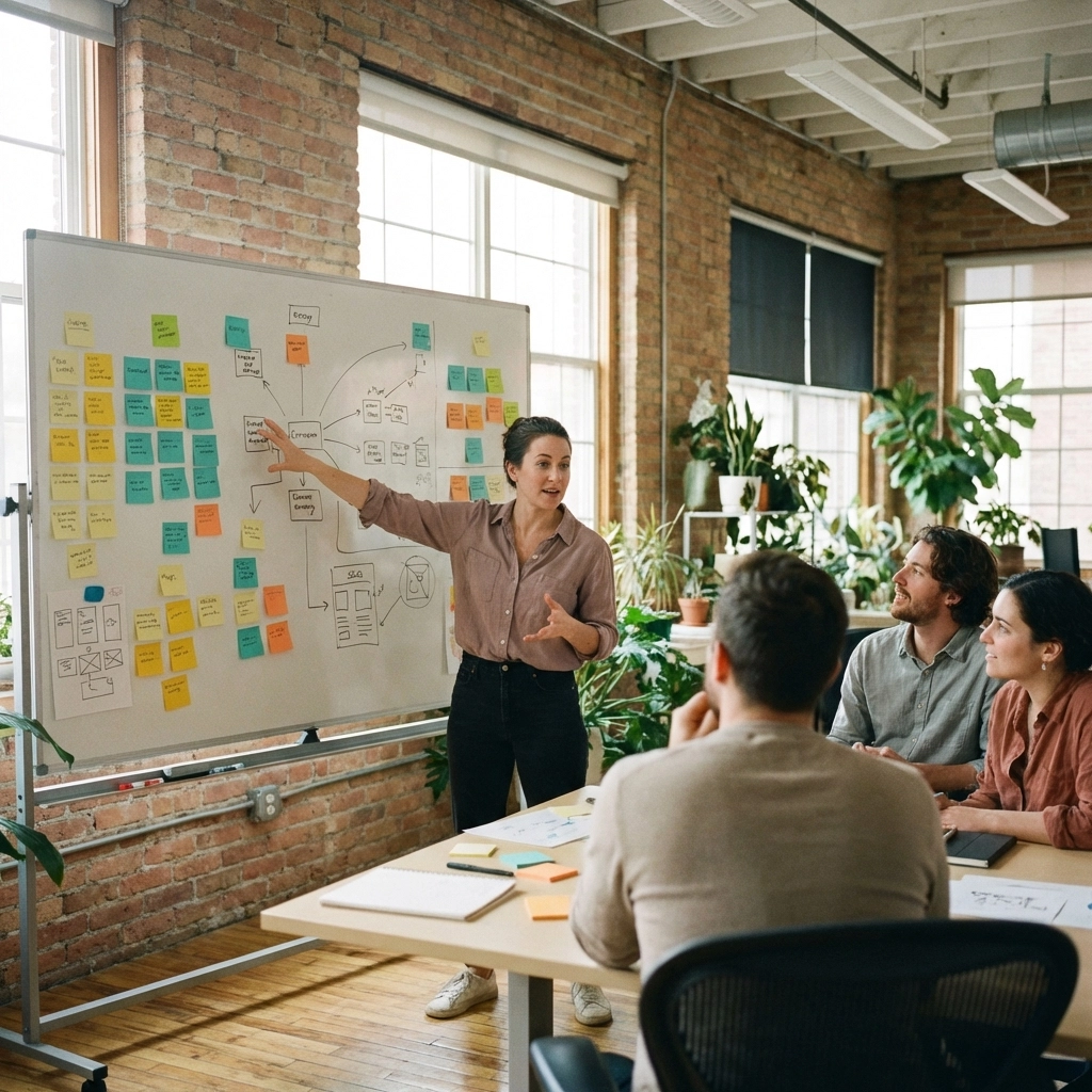 Creative strategist leading a team brainstorming session, showing human innovation and collaboration skills