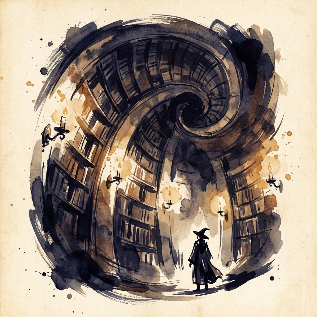 A solitary figure gazes up at spiraling shelves and candlelight in an endless, otherworldly Dark Academia library of futures.