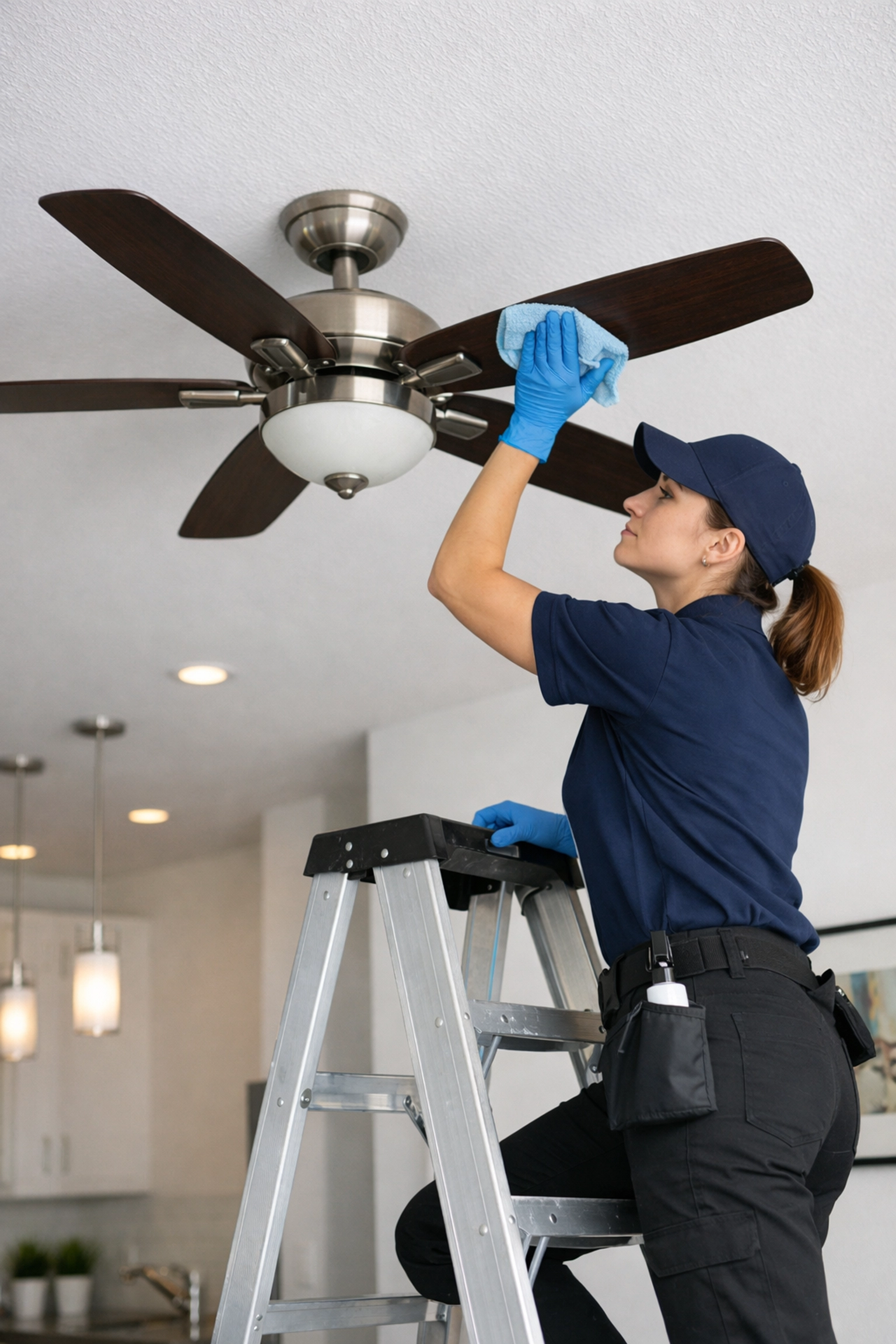 Professional cleaner wiping ceiling fan in empty apartment during turnover process