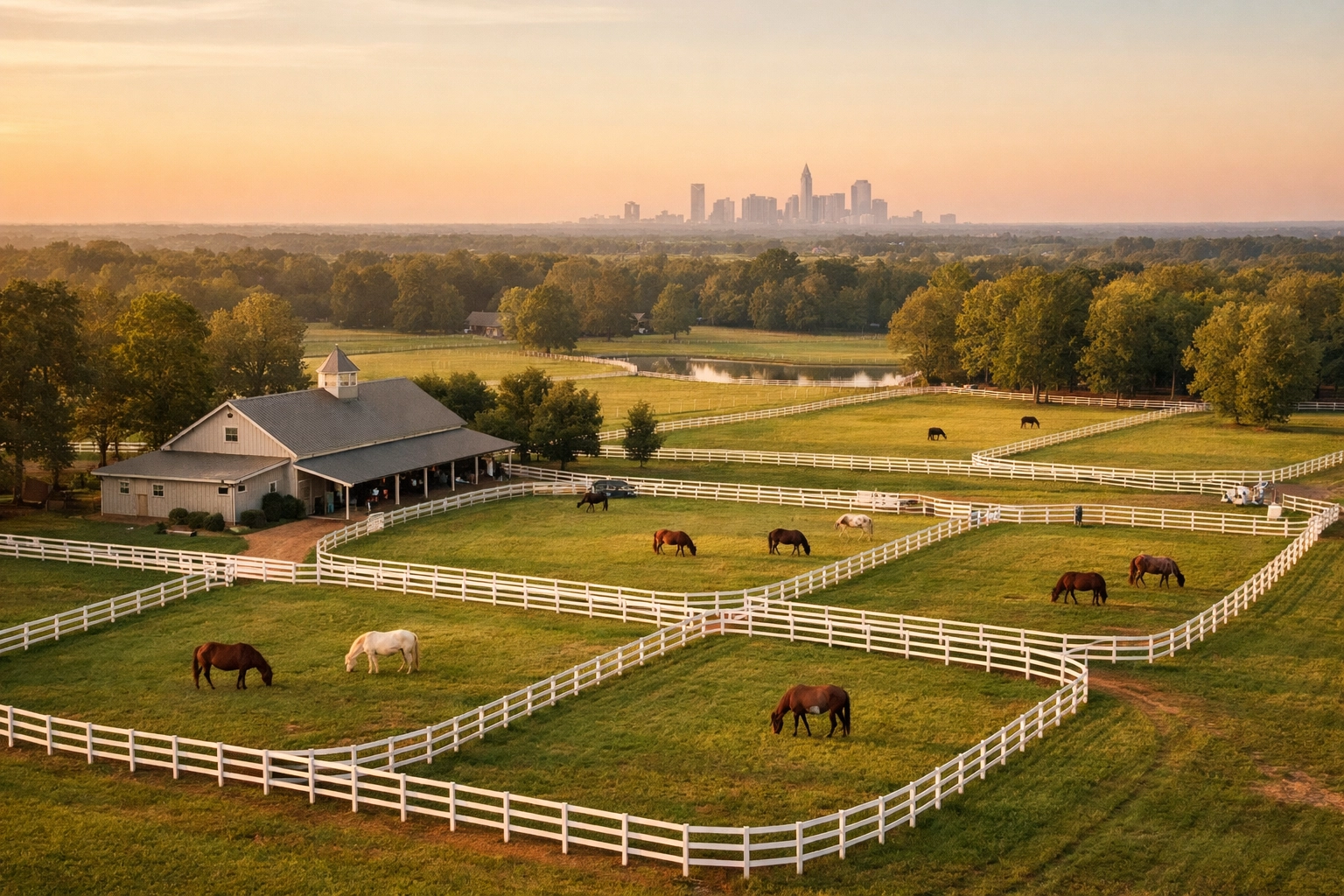 Aerial view of Huntersville horse farm with pastures and Charlotte skyline in distance