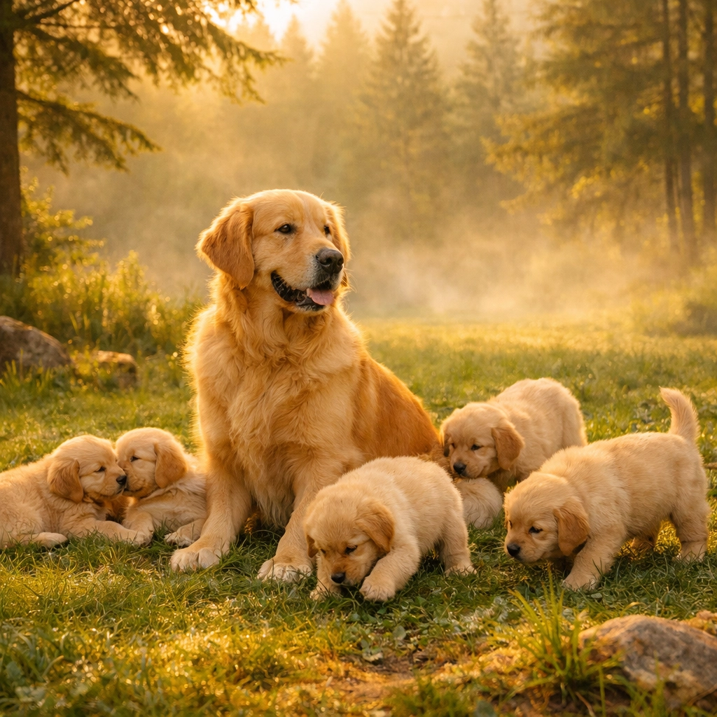Golden Retriever mother with puppies in Oregon breeding environment at NextGen Goldens