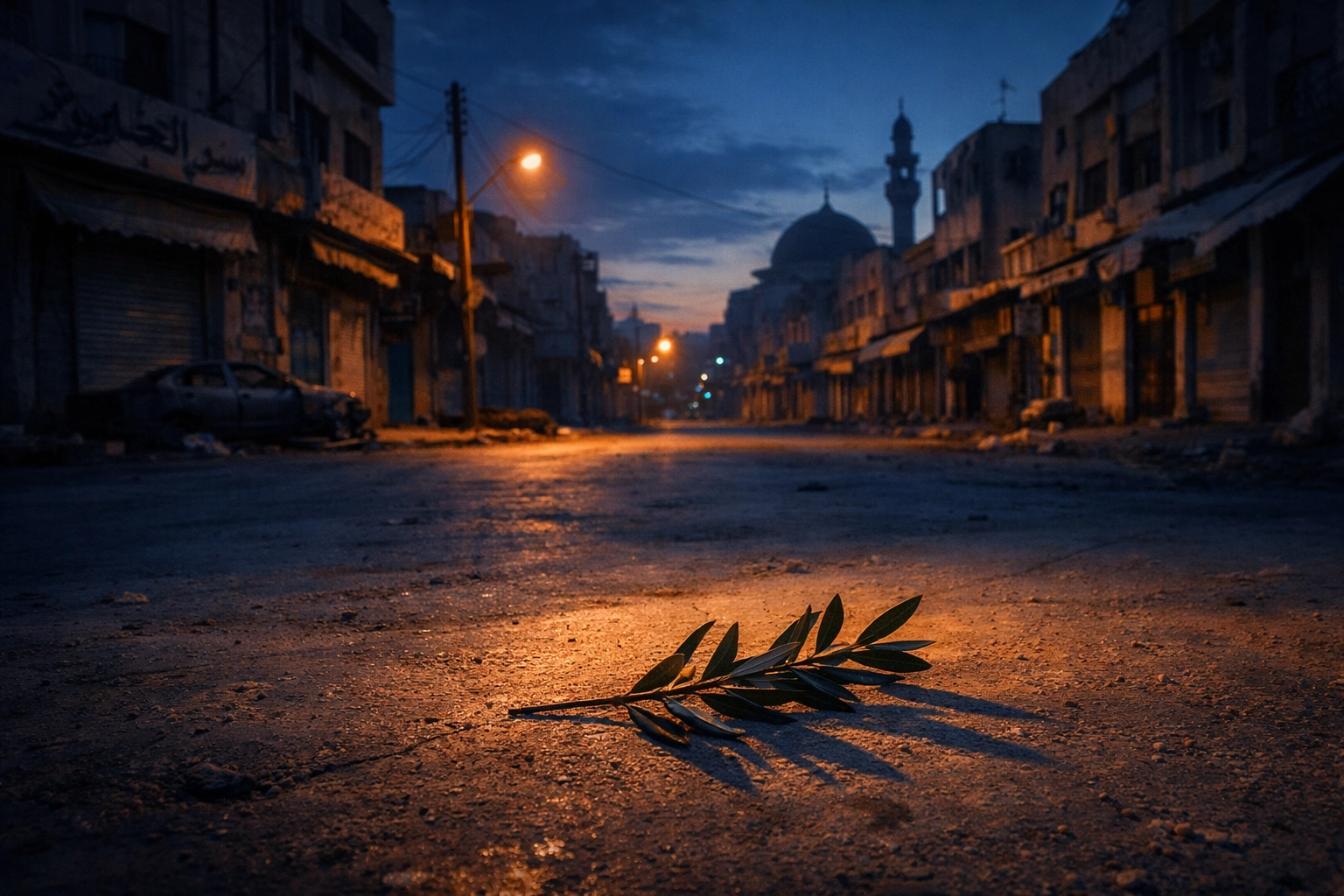 A lone olive branch on a silent street in the Middle East during the Israel-Gaza conflict escalation.