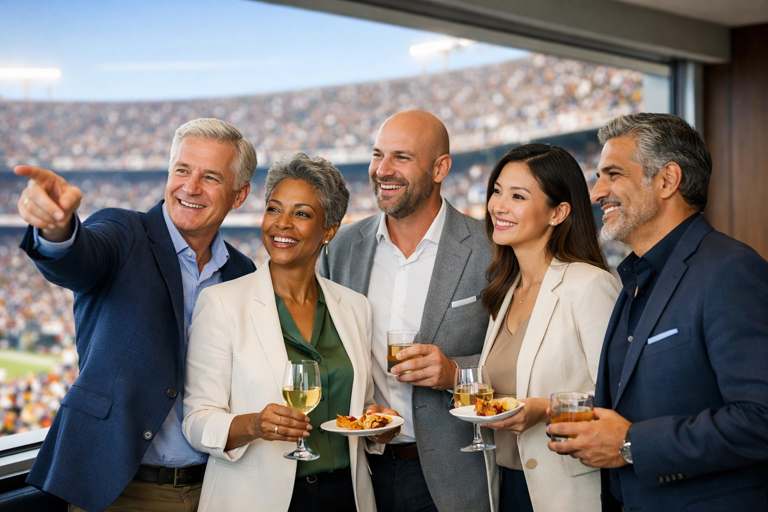 C-suite executives networking and building business relationships in a premium Super Bowl stadium box.