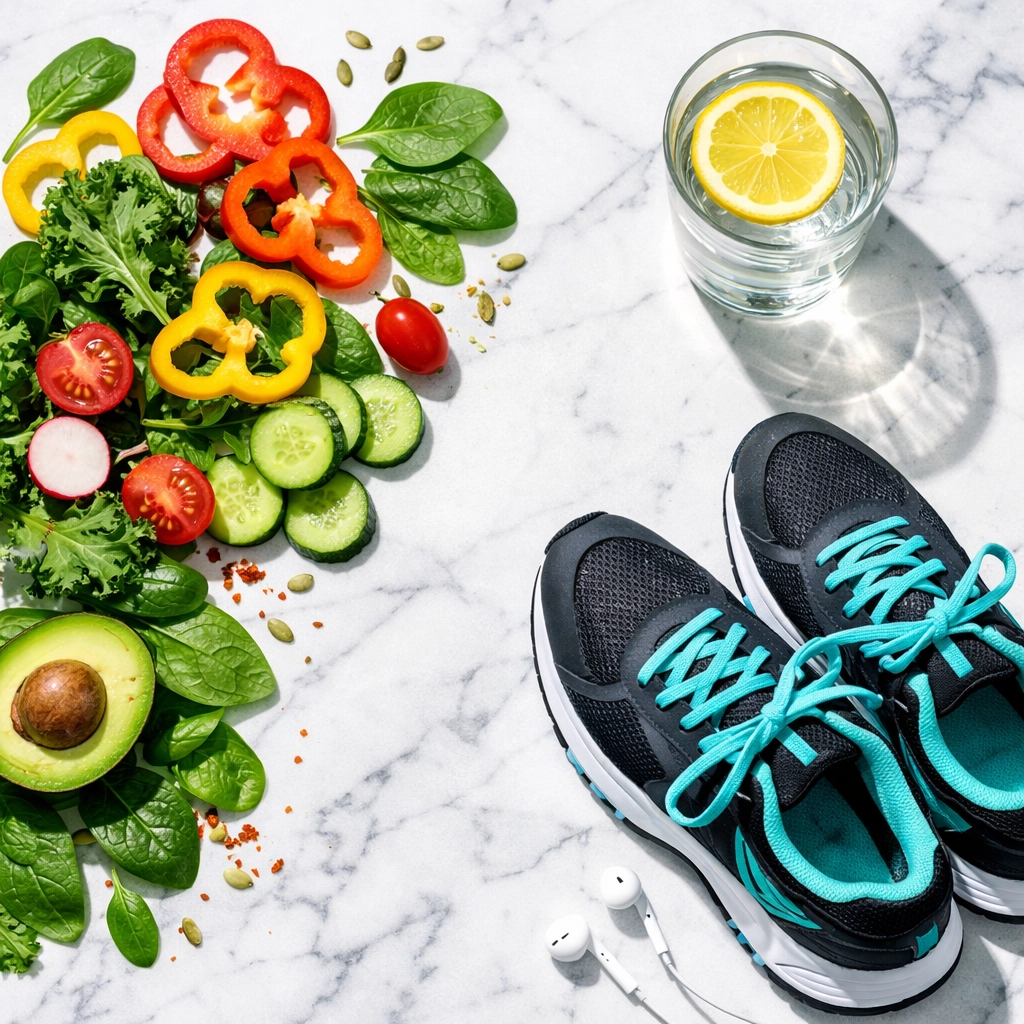 Fresh vegetables and running shoes representing a holistic approach to nutrition and fitness.