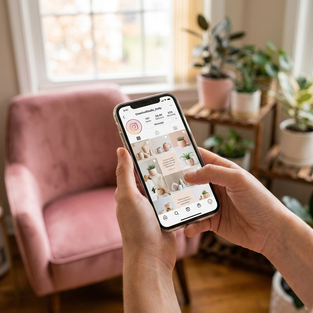 Hands holding a smartphone, optimizing a social media profile for better SEO reach