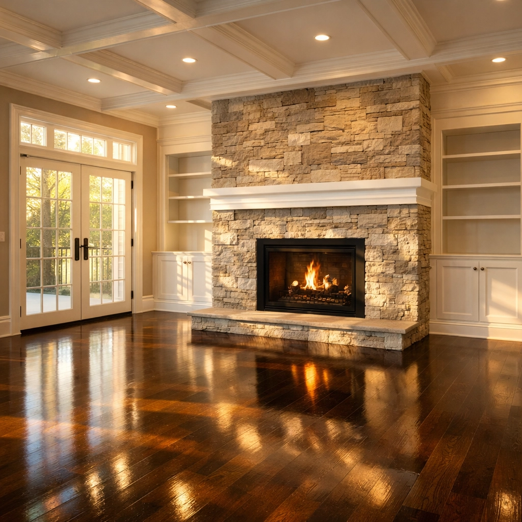Expert post construction cleaning in a Carlisle living room with polished floors and dust-free surfaces.