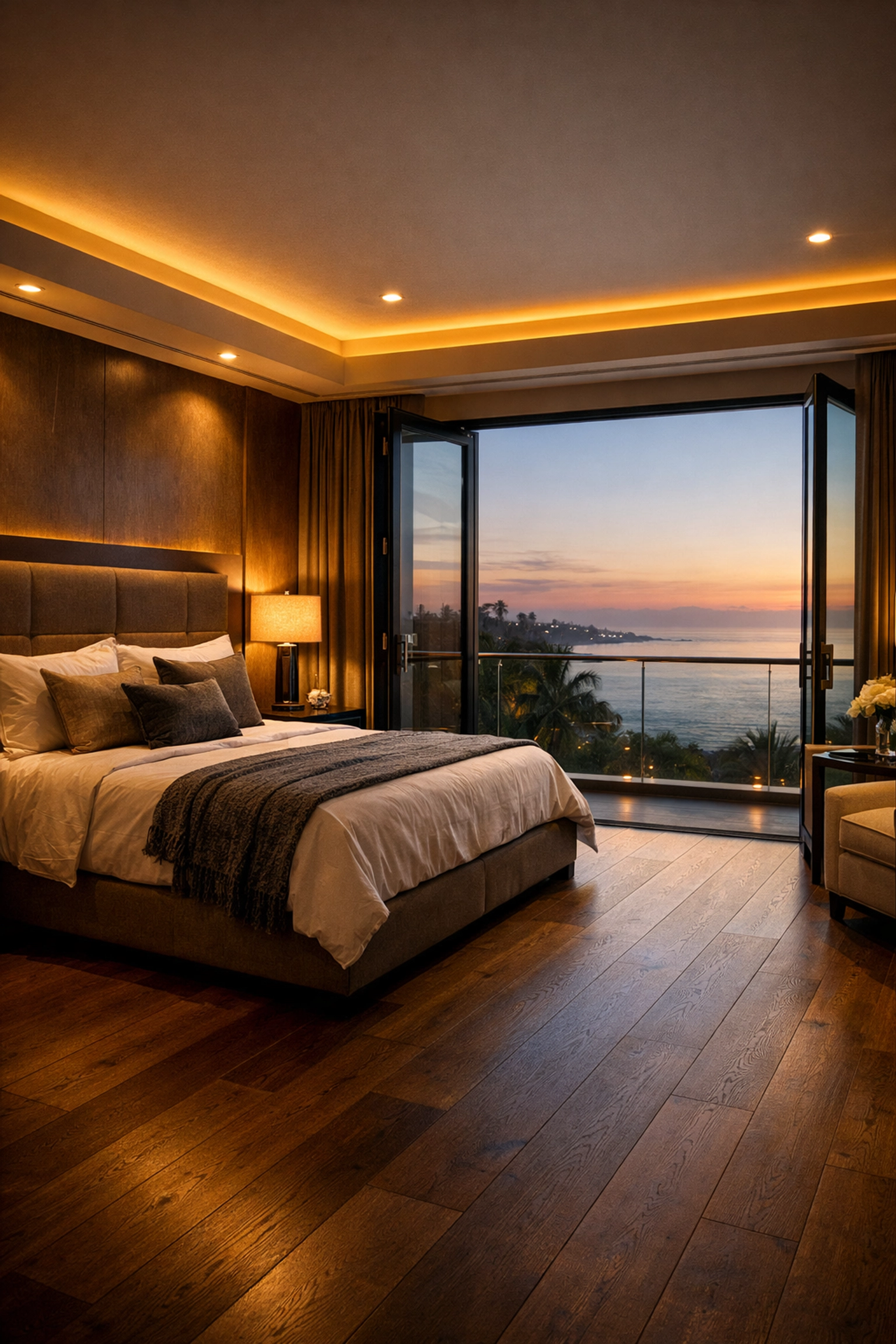 Interior of a luxury second-floor master suite with oak floors and a Juliet balcony in West Sussex.