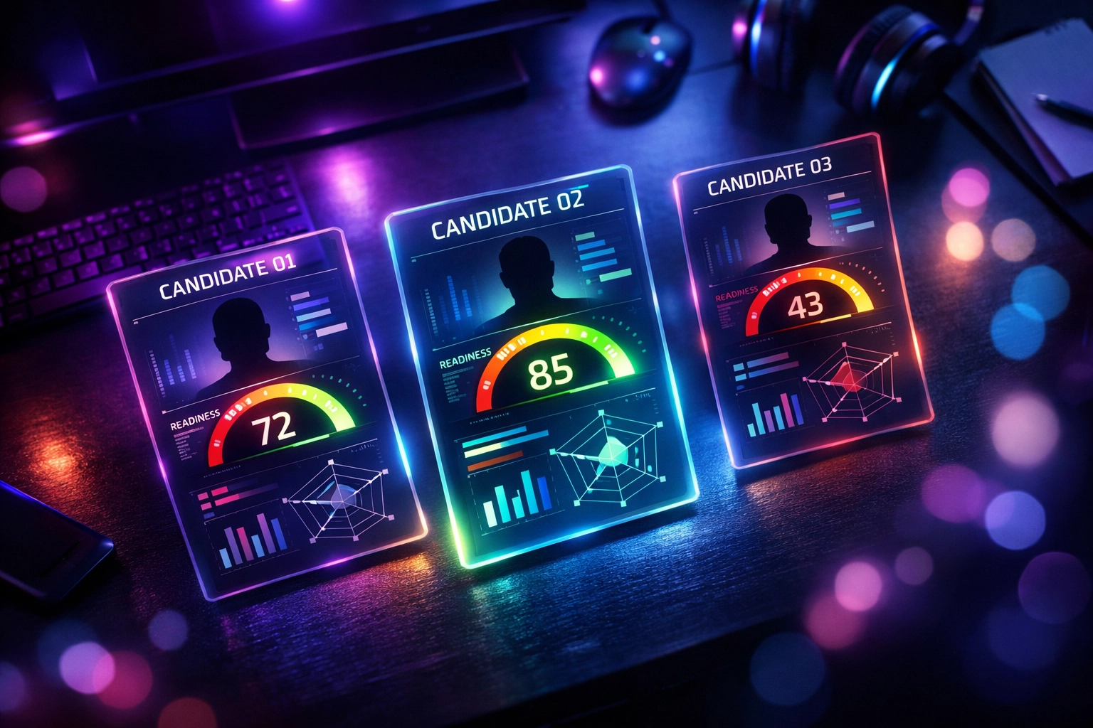 Holographic readiness score dashboard displaying AI-powered candidate assessments
