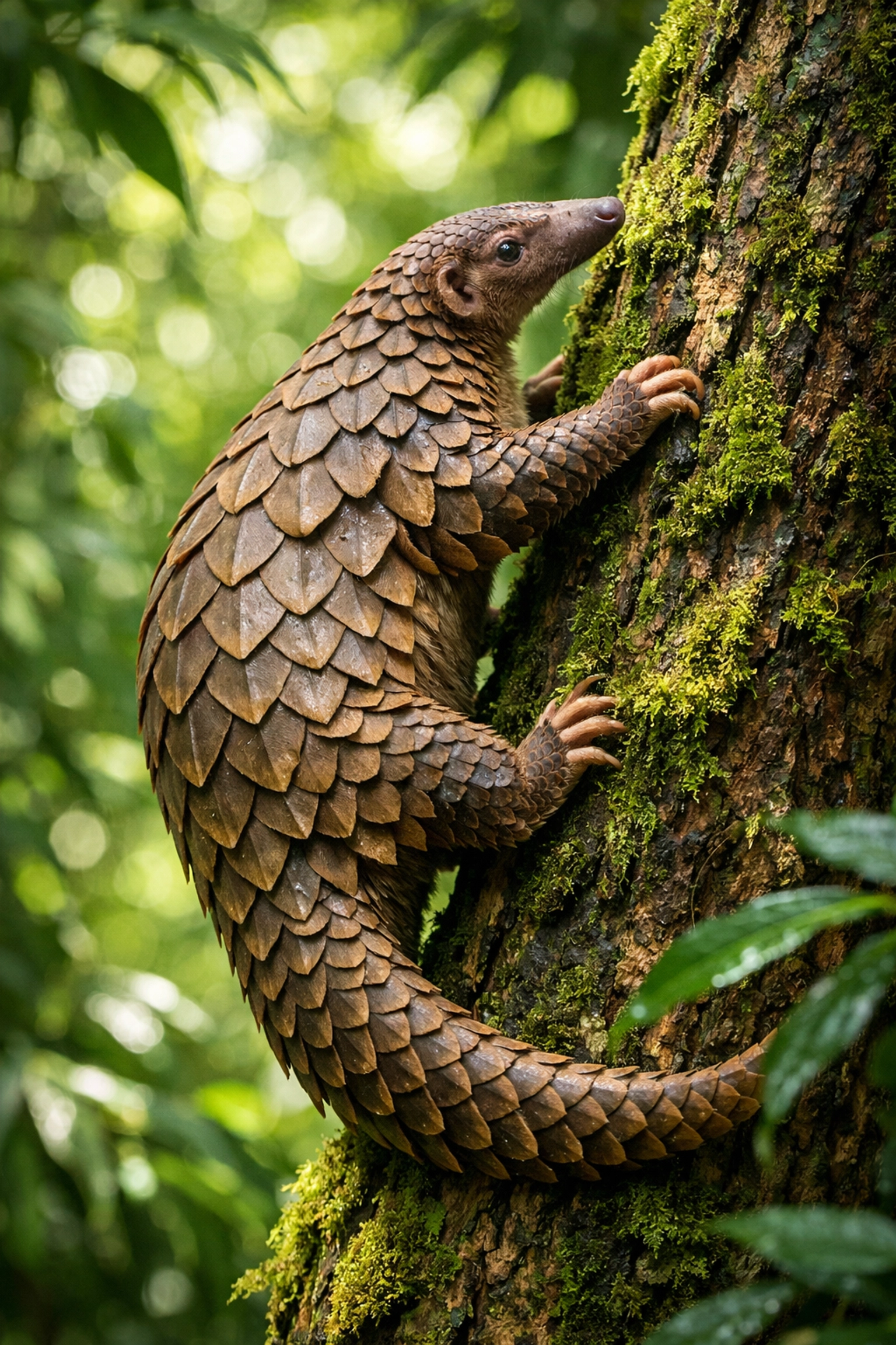 Sunda Pangolin climbing a mossy tree in a rainforest, representing records of wildlife biodiversity.