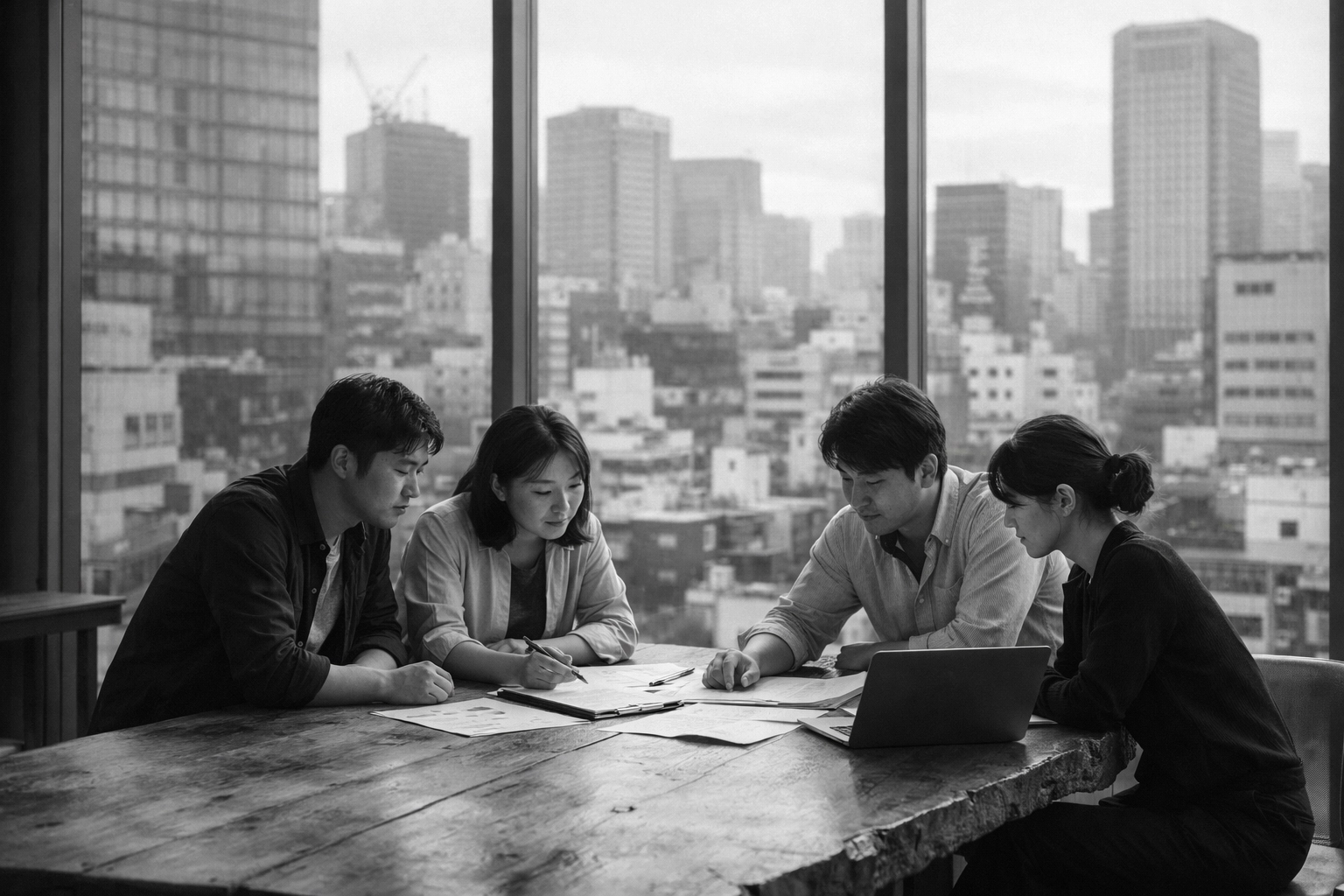 Professionals at a Tokyo innovation hub collaborating on a cross-border North Asia startup ecosystem strategy.