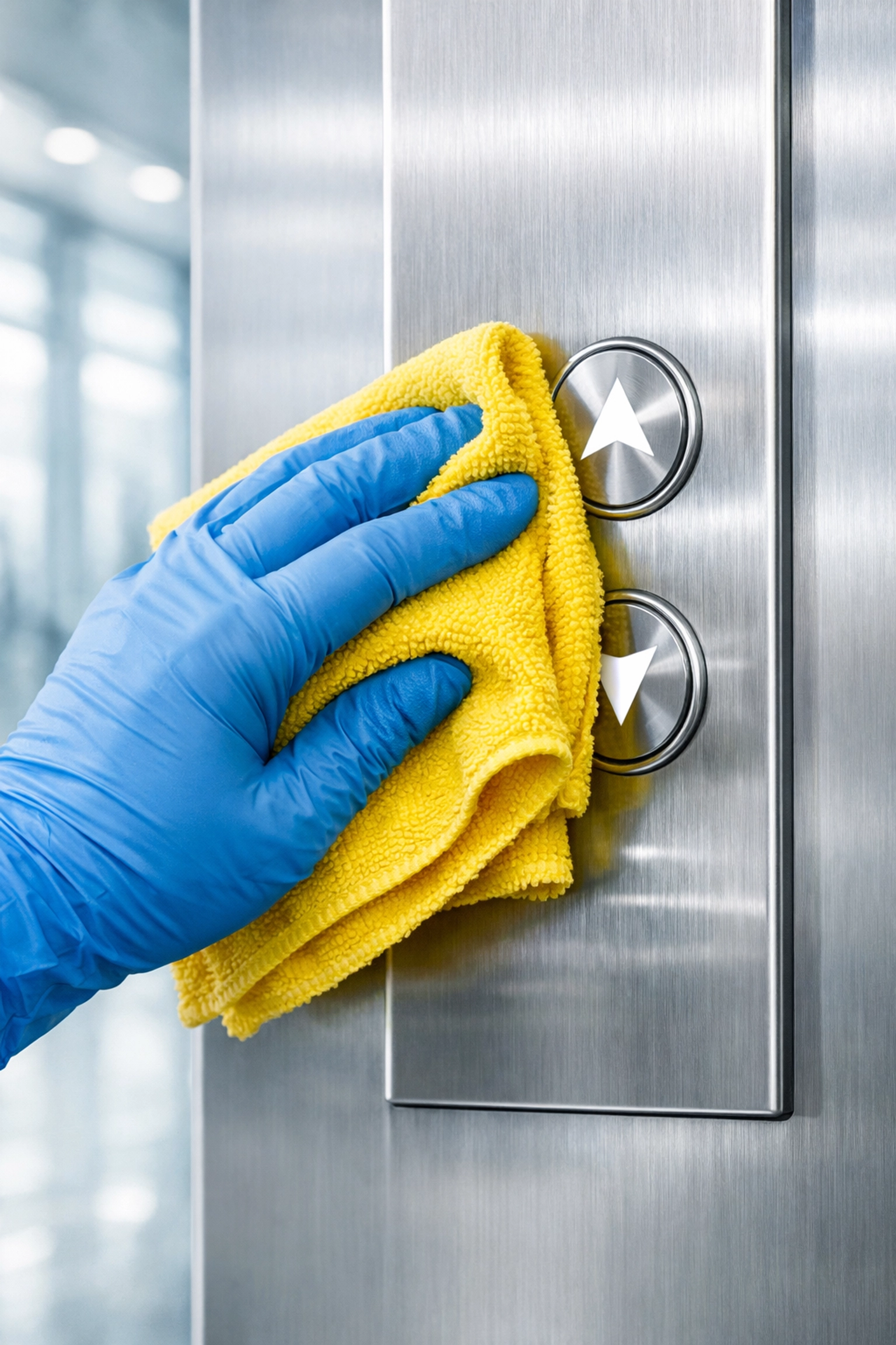 Professional cleaning service provider sanitizing high-touch elevator buttons in a modern office building.