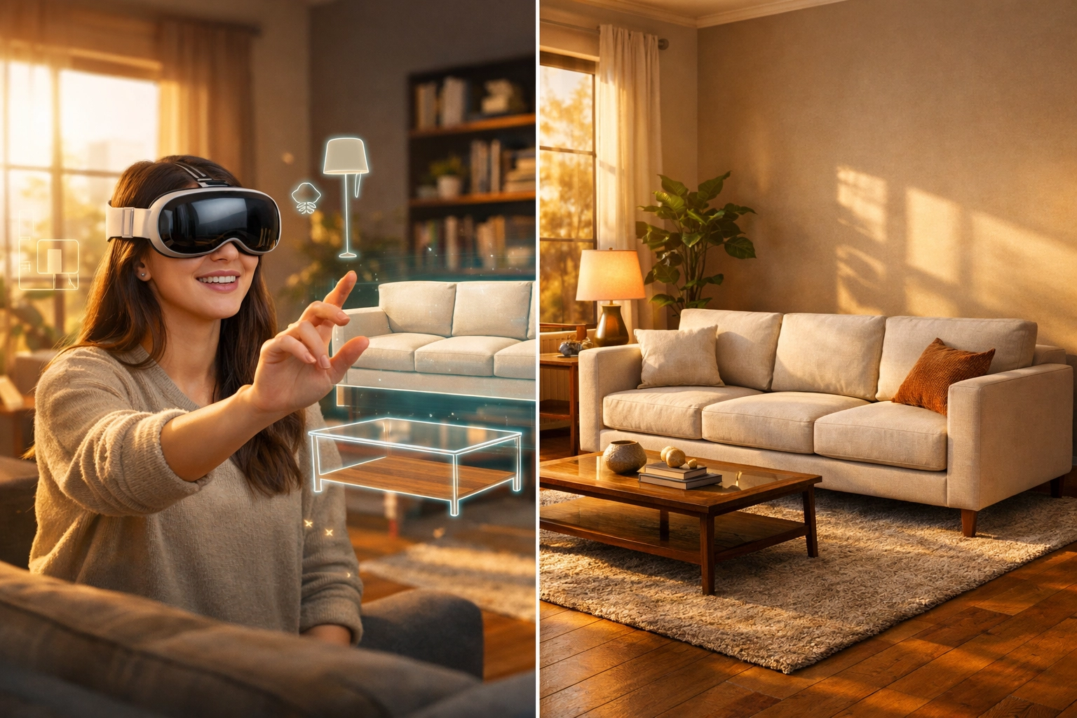 Woman using Apple Vision Pro AR to visualize sofa placement in living room before crypto purchase