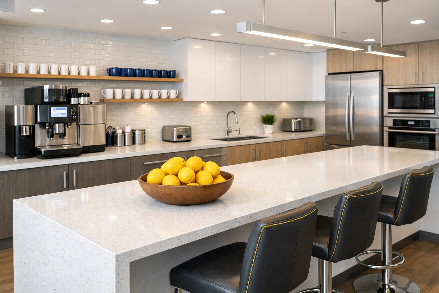 A spotless and sanitized office breakroom in Fitchburg with clean countertops and a modern coffee station.