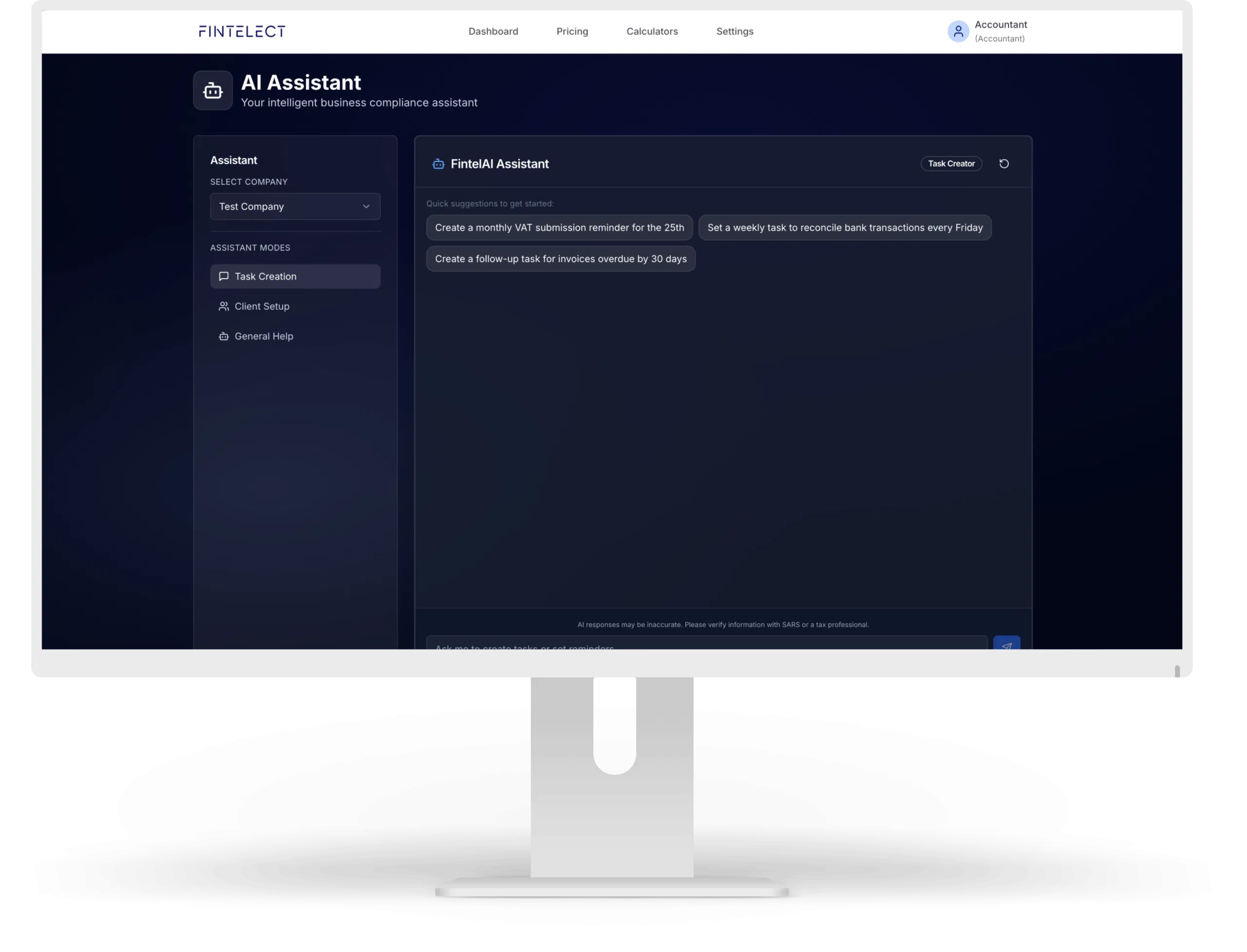 The Fintelect AI Assistant dashboard showing task creation and compliance workflows.