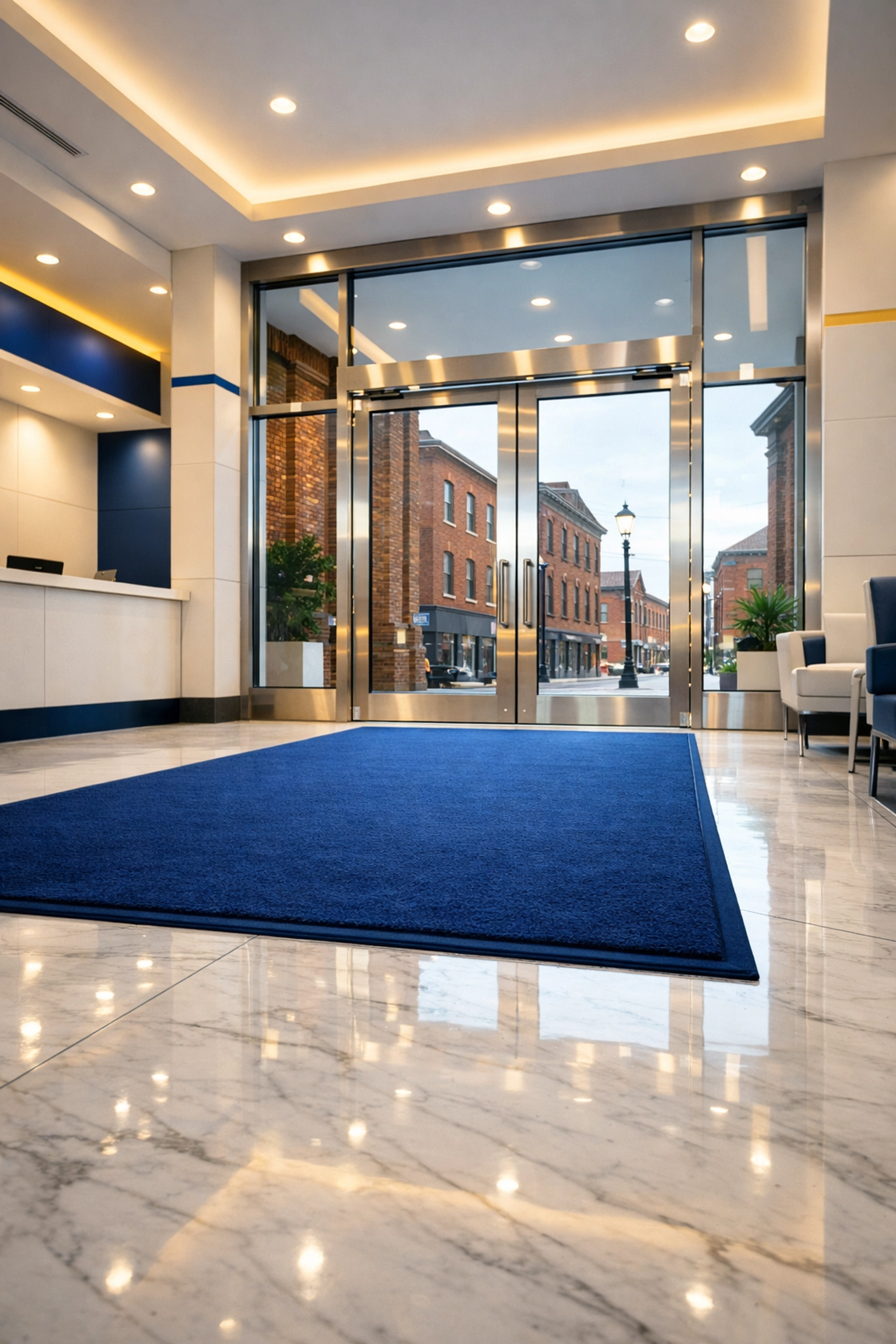Spotless commercial lobby entrance in Lawrence showcasing elite office cleaning and floor maintenance.