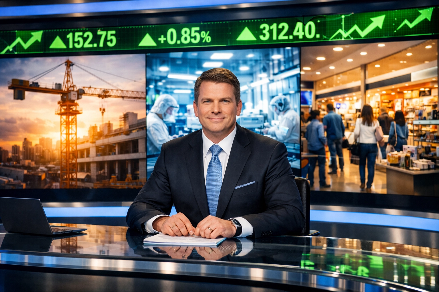 A professional news anchor in a studio with green market tickers, signaling positive business growth and news.