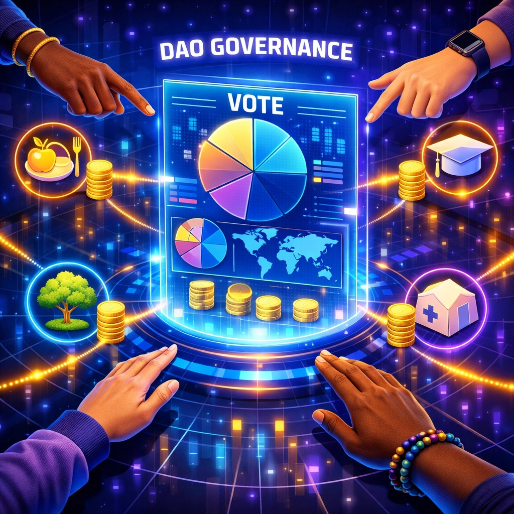 DAO community governance system voting on global hunger relief fund allocation