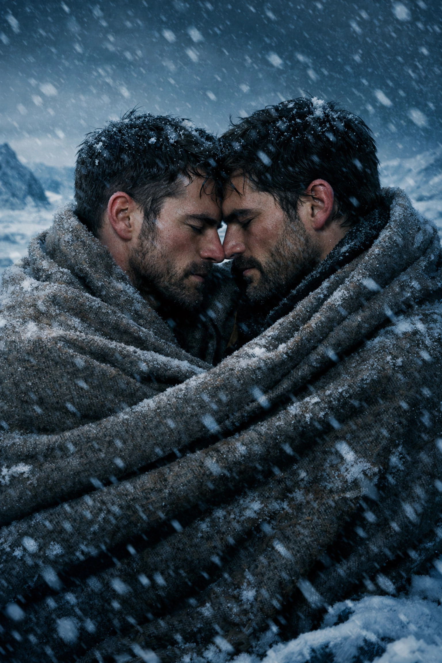 Two men huddling for warmth in the Arctic, representing the forced proximity trope in MM romance books.