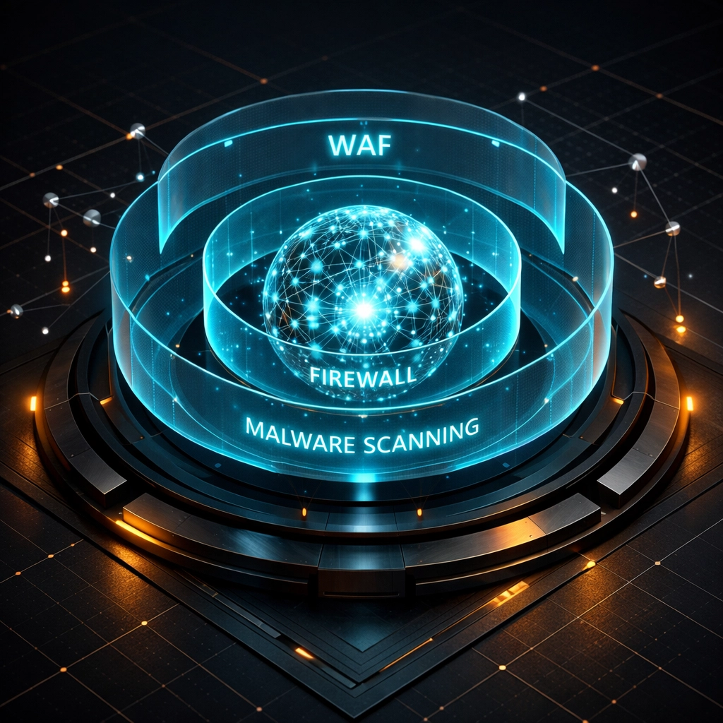 Multi-layered WordPress cybersecurity showing WAF, firewall, and proactive malware protection.