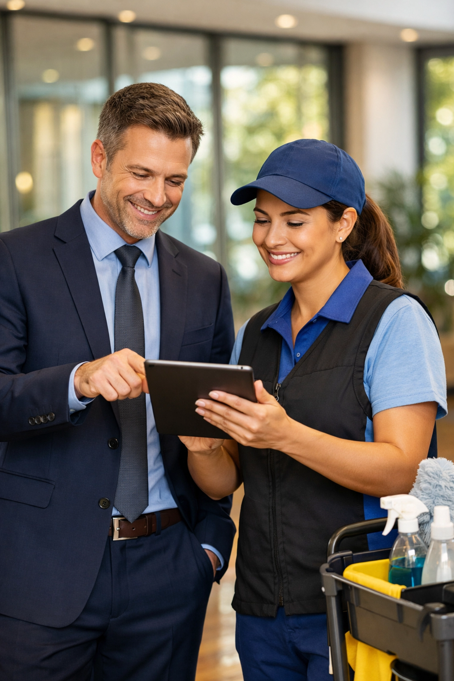An office manager and cleaner reviewing a detailed task list on a tablet in a modern lobby.