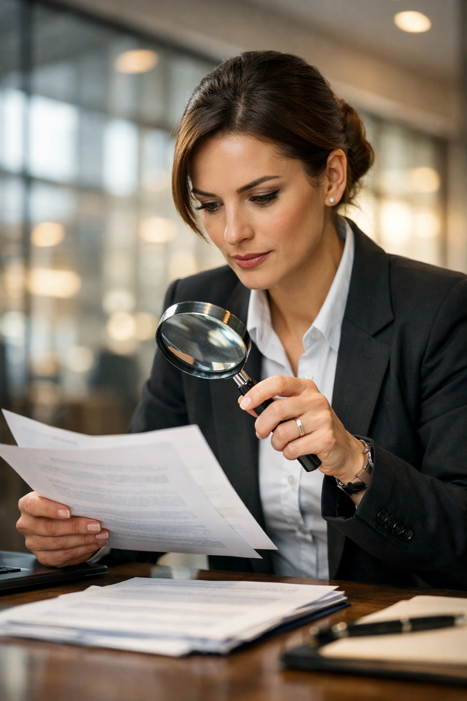 Legal investigator examining documents with magnifying glass in corporate office