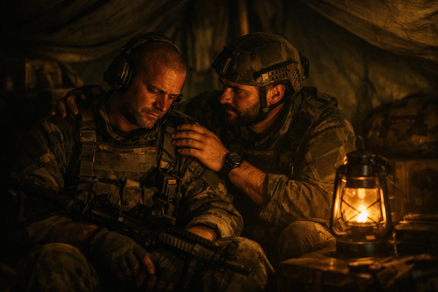Two special forces soldiers sharing intimate moment in military tent - MM military romance