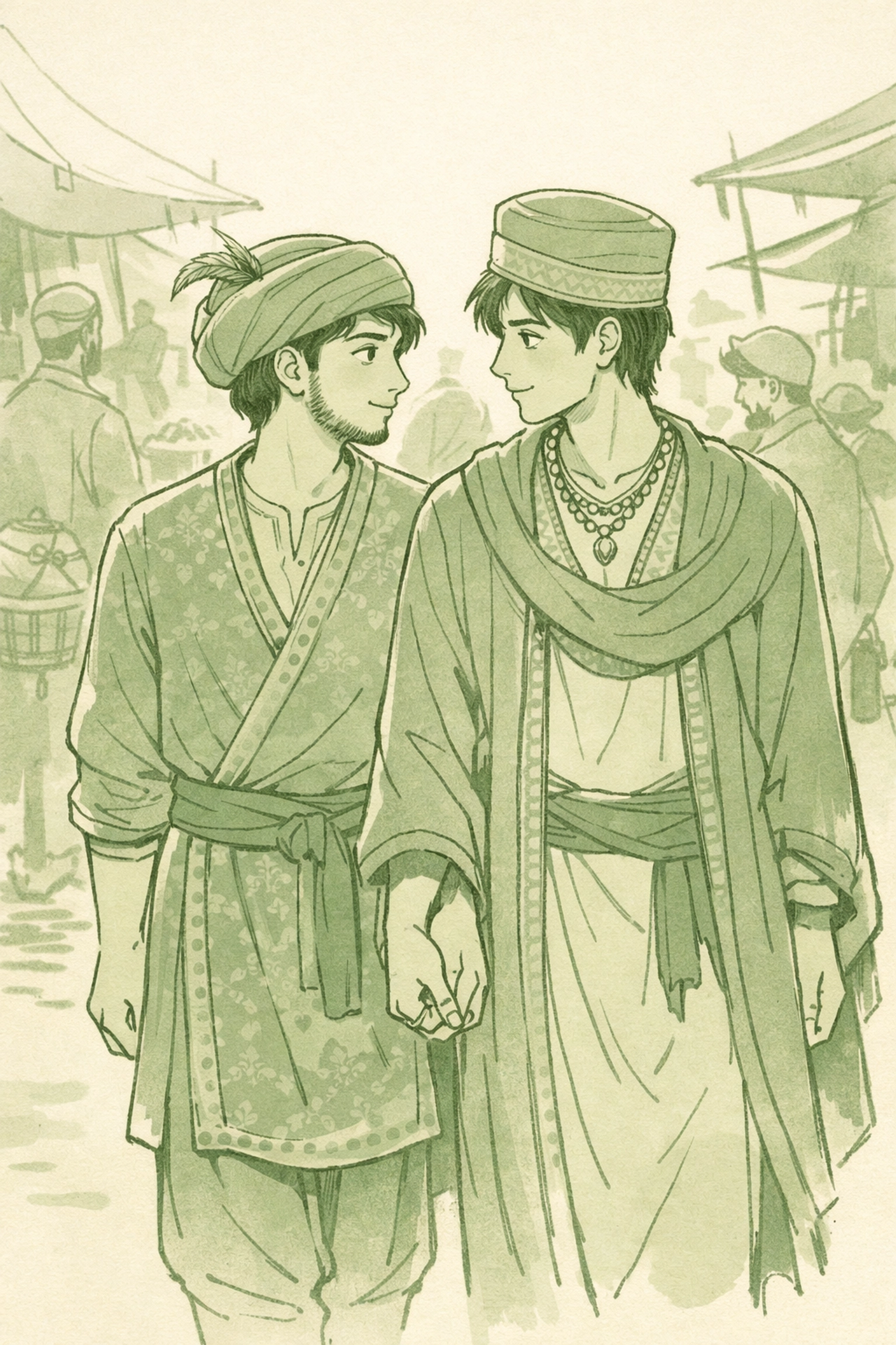 Two men in Persian robes walk through Silk Road marketplace - forbidden gay romance