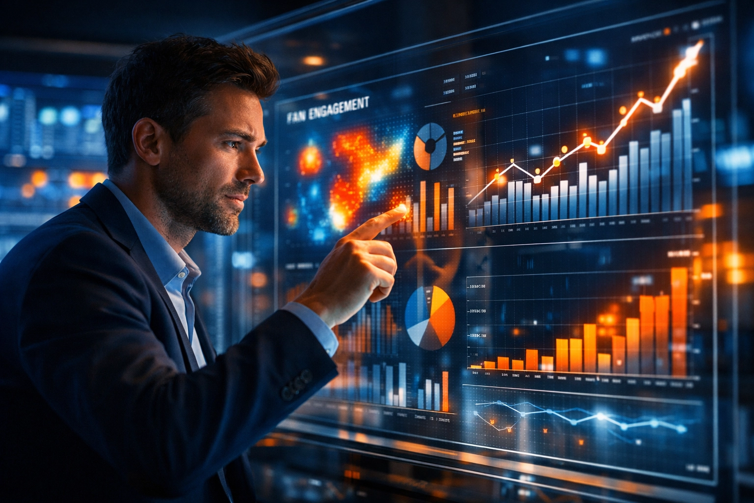 Marketing strategist analyzing fan engagement data and Super Bowl ROI metrics on a high-tech digital display.