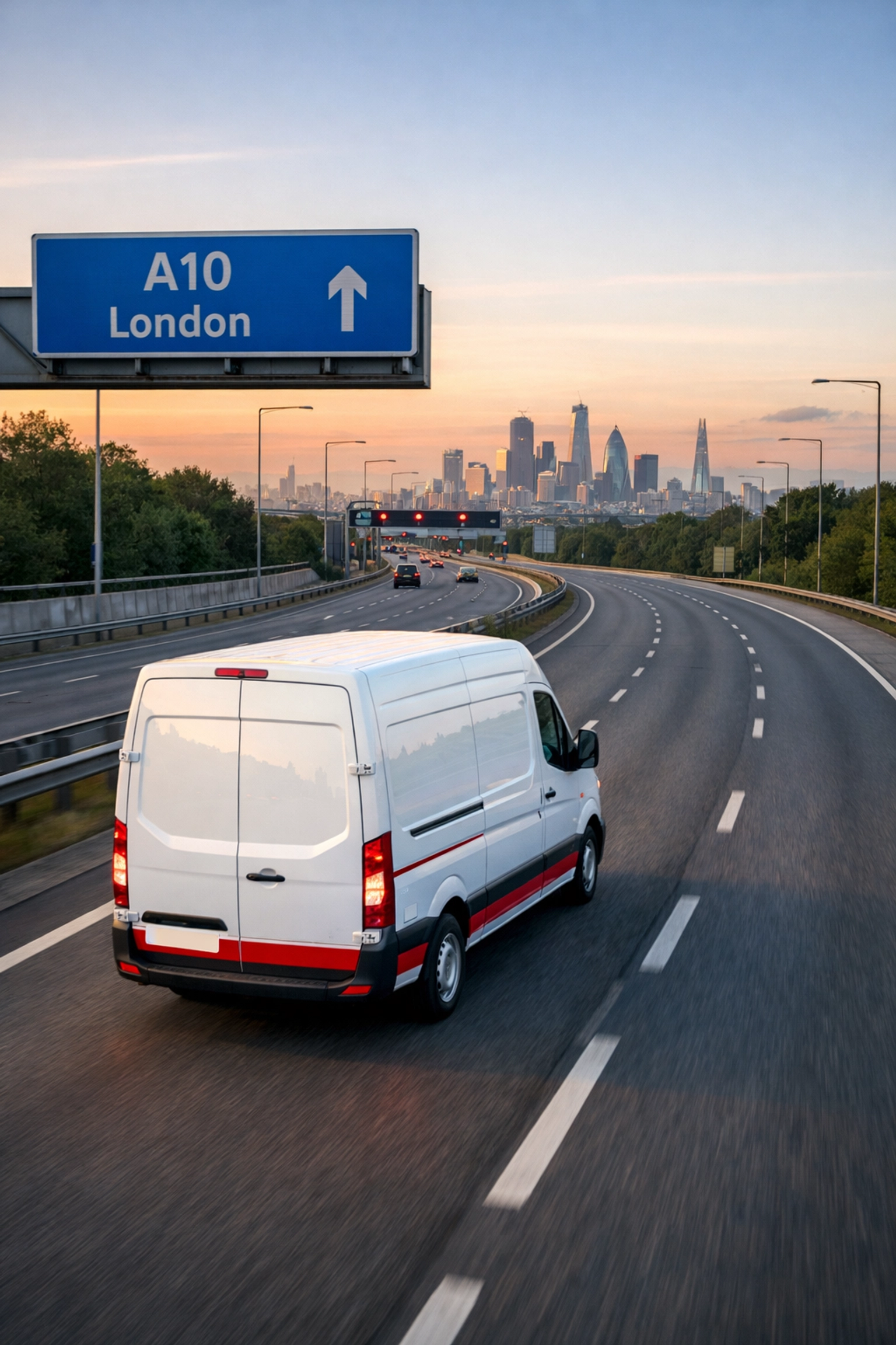 Delivery van on A10 motorway providing fast distribution from Hertford to London