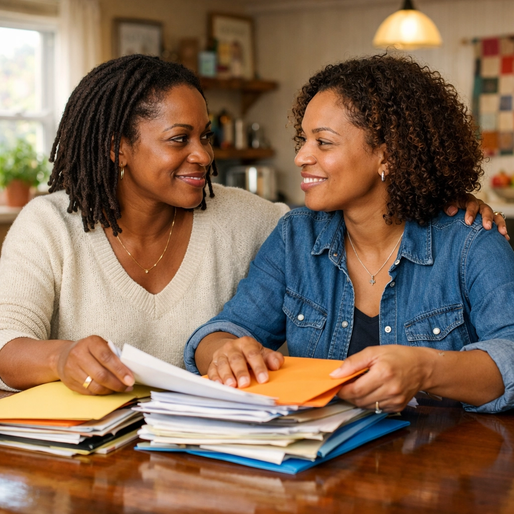 A woman organizing financial documents for a Burlington County rent assistance application.