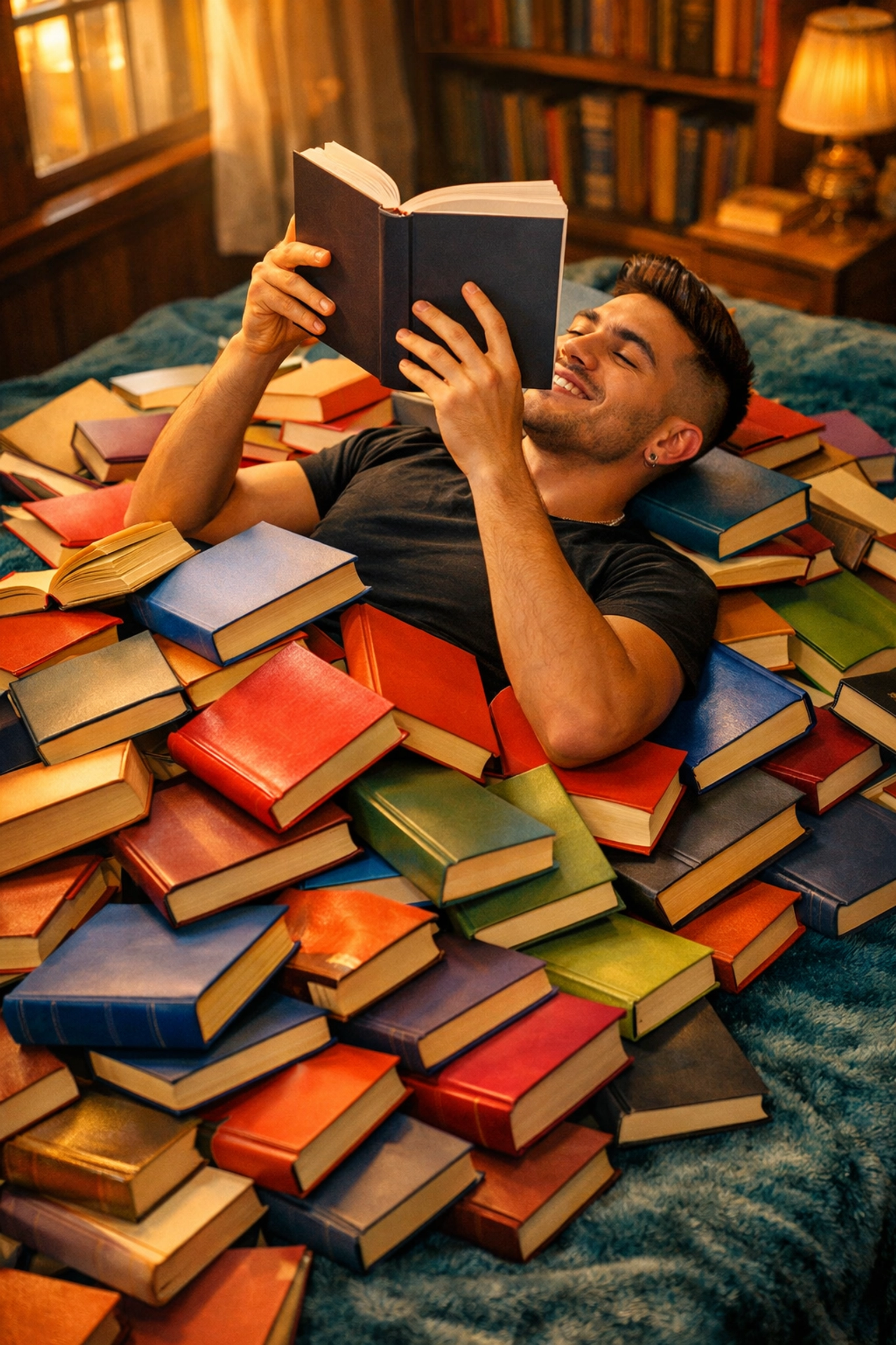 A gay man buried under a mountain of gay novels, representing a growing LGBTQ+ TBR pile.