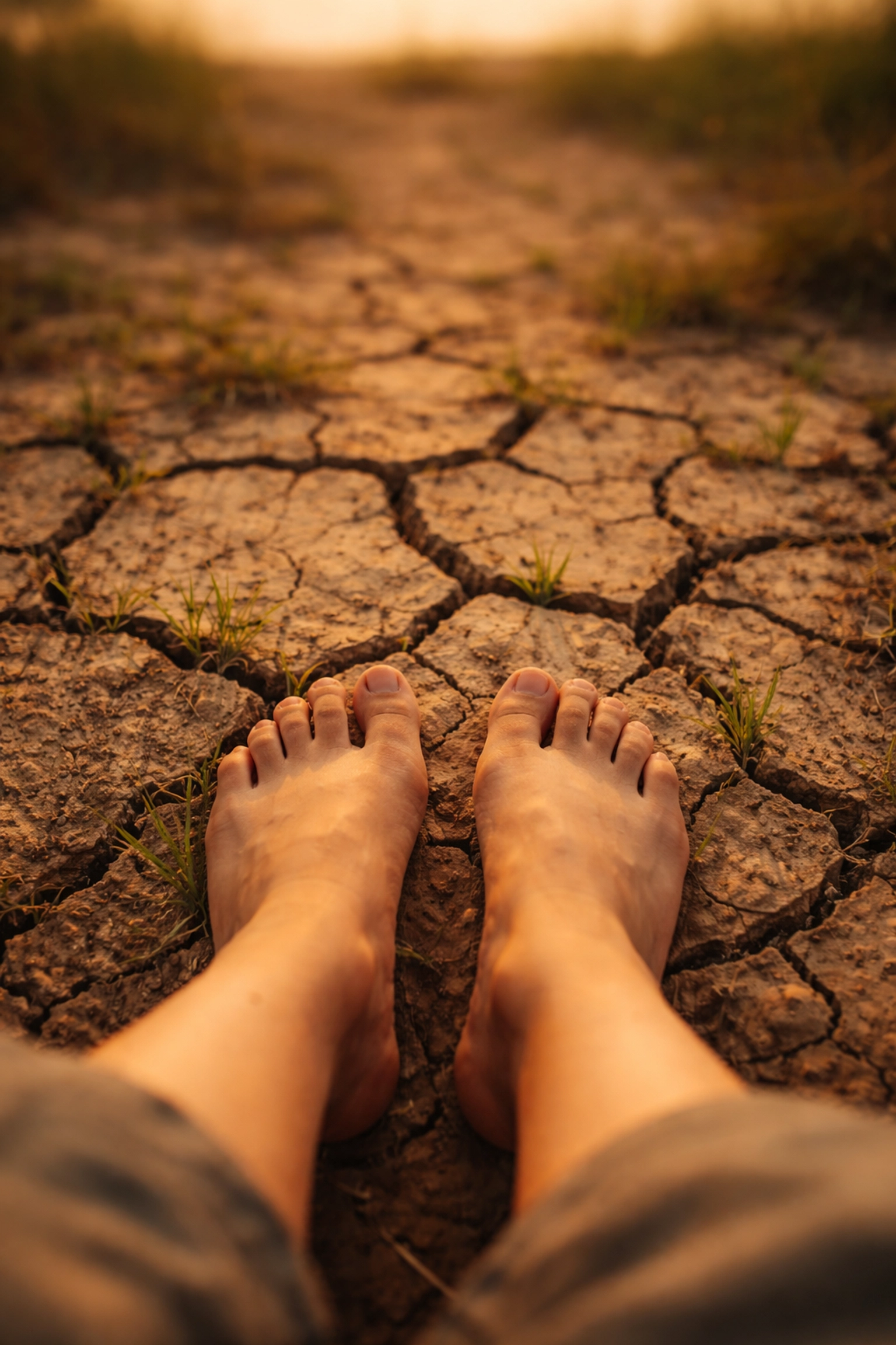 Bare feet stand on cracked earth with new green shoots, symbolizing resilience in mental health.