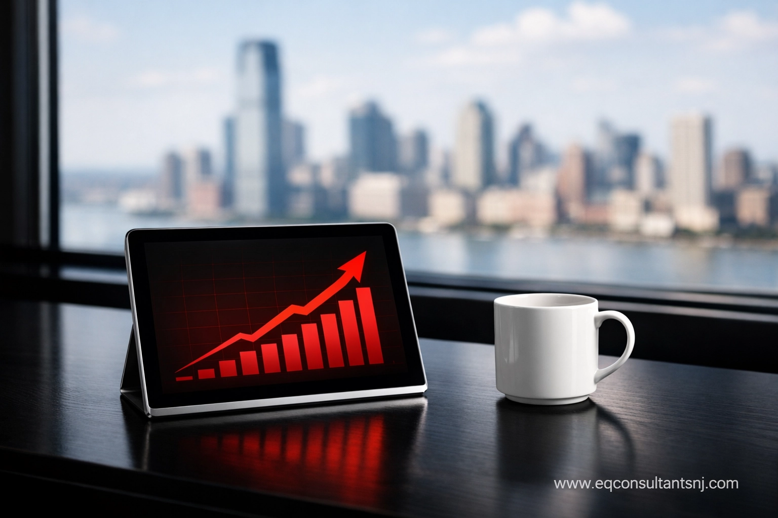 Modern office desk with a growth chart tablet representing strategic fractional CFO services for NJ consulting firms.